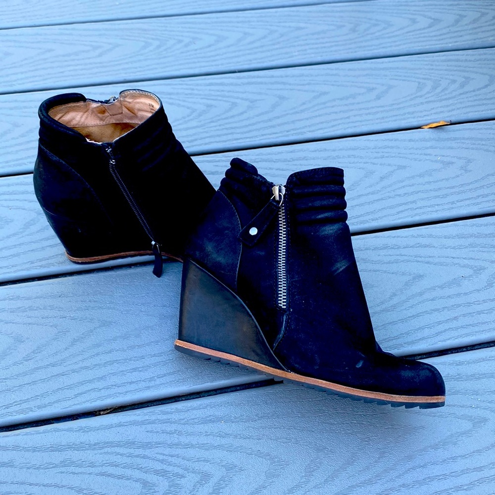 BIALA Black leather+suede 3” wedge booties. Size 6.5